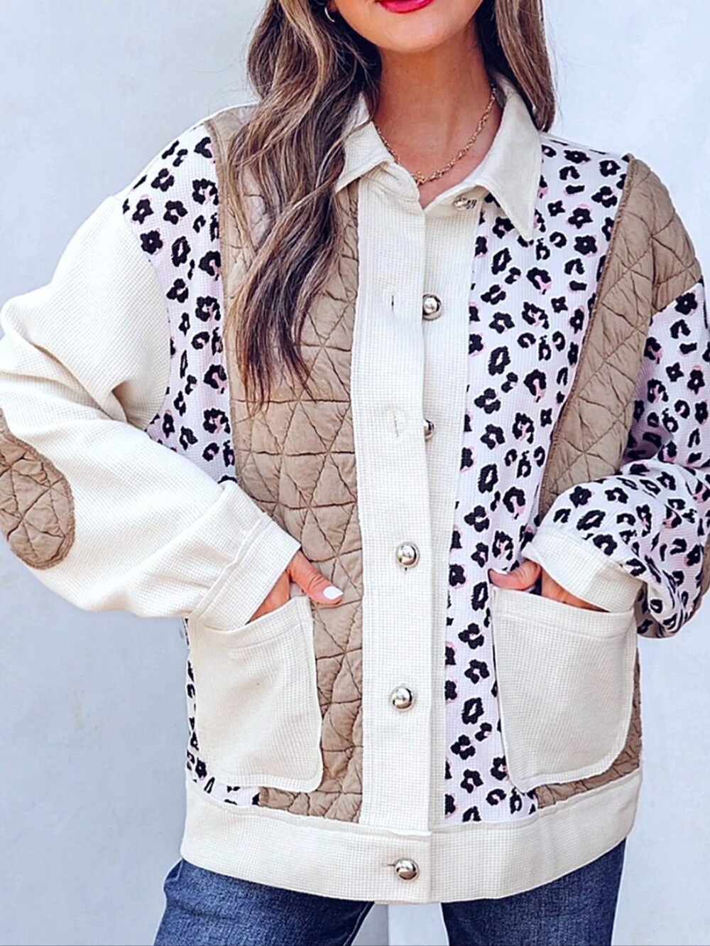 POL Waffle Quilted Patchwork Leopard Print Button Front Cardigan Jacket MED